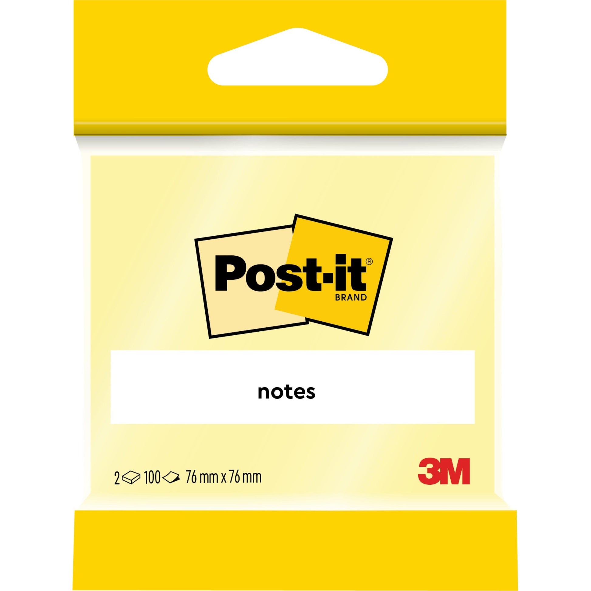 Eine Packung Post-it® Notes von 3M Deutschland GmbH, Gelb, 76 mm x 76 mm, enthält 2 Blöcke mit je 100 Blatt. Hergestellt aus 100% PEFC-zertifiziertem Papier (SGSCH-PEFC-COC-110078) und verpackt als Einzelstück.