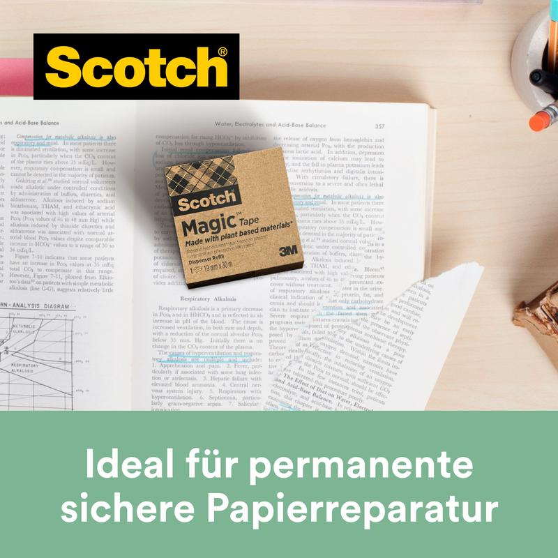 A roll of Scotch® Magic™ Tape (19 mm x 30 m, 66% plant-based adhesive, 3M Deutschland GmbH) lies on an open textbook. Pen, pencil, and other stationery are nearby. Ideal for invisible paper repairs.