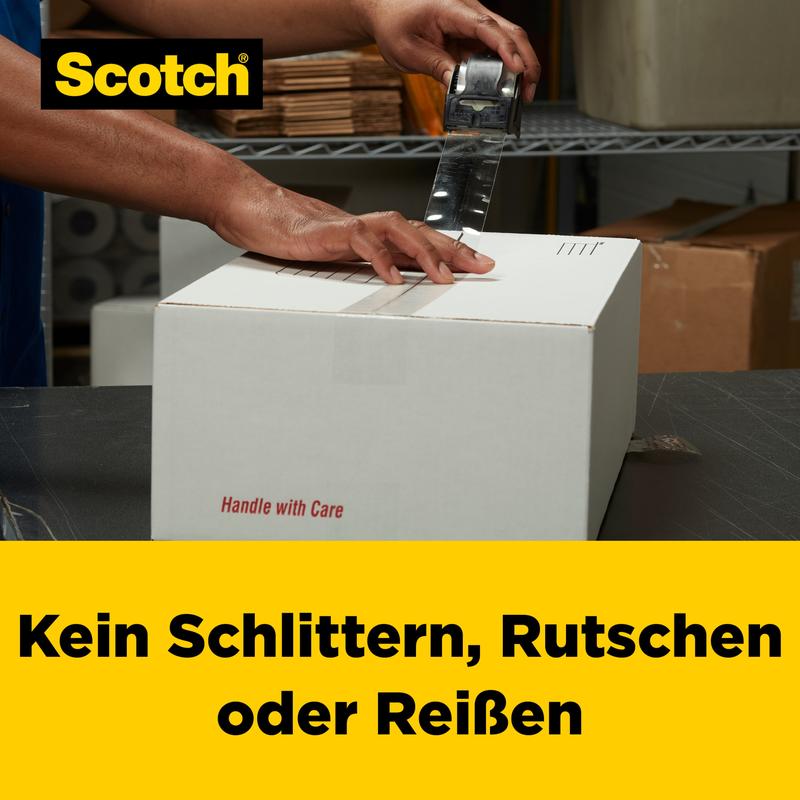 A person seals a carton with the inscription "Handle with Care" using Scotch® Box Lock™ packaging tape (48 mm x 20.3 m) from 3M Deutschland GmbH; the image shows the Scotch logo and the German text: "No slipping, sliding, or tearing."