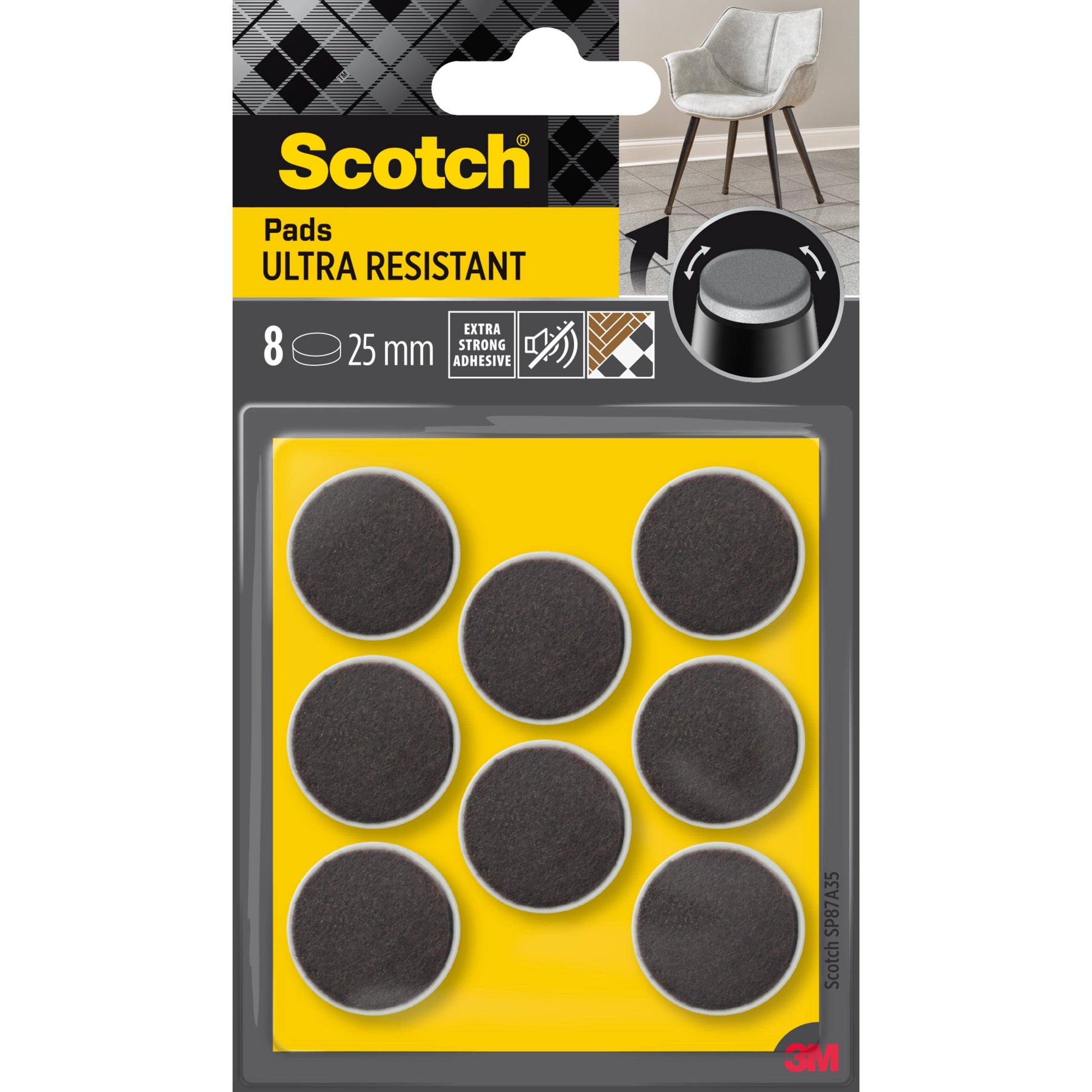 Die Scotch® Extrembeständigen Filzpads SP87A35 von 3M Deutschland GmbH sind in einer Packung mit 8 selbstklebenden grau/weißen Pads, Ø 25 mm, in zwei Reihen angeordnet; die Verpackung ist oben rechts mit Stuhl- und Padabbildungen versehen.
