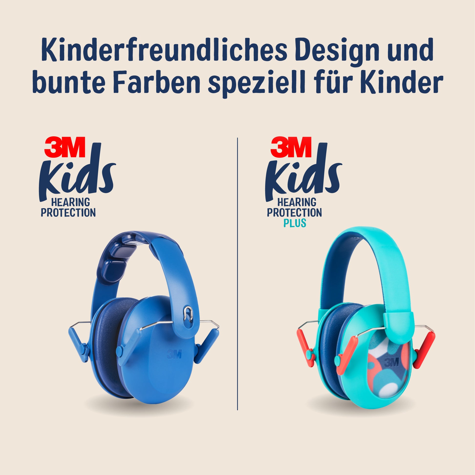 Zwei 3M™ Gehörschutz für Kinder PKIDSP-TEAL-E (türkis, 87-98 dB) von 3M Deutschland GmbH werden vor schlichtem Hintergrund gezeigt: links einfarbig türkis, rechts türkis mit bunten Mustern. Text: "Kindgerechtes Design in bunten Farben".