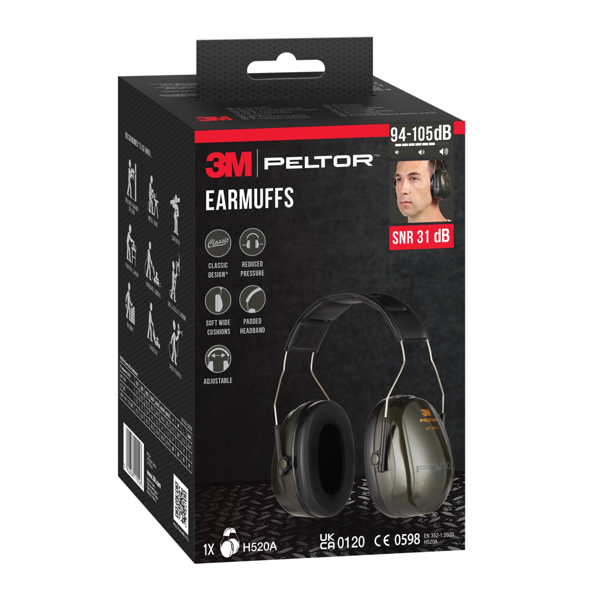 Die Verpackung des 3M™ PELTOR™ Optime™ II Kapselgehörschutzes H520A (SNR 31 dB, Grün) der 3M Deutschland GmbH zeigt Bilder des Kapselgehörschutzes und einer Person, die ihn trägt, sowie die wichtigsten Merkmale: gepolsterter Kopfbügel, weiche Dichtkissen, verstellbar.