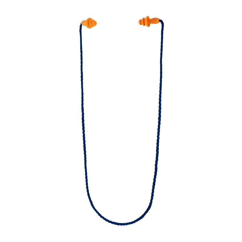 A pair of orange 3M™ Earplugs with Cord 1271 (Triple-Flange Design, SNR 26 dB, reusable) from 3M Deutschland GmbH, connected by a blue cord and shown against a white background.