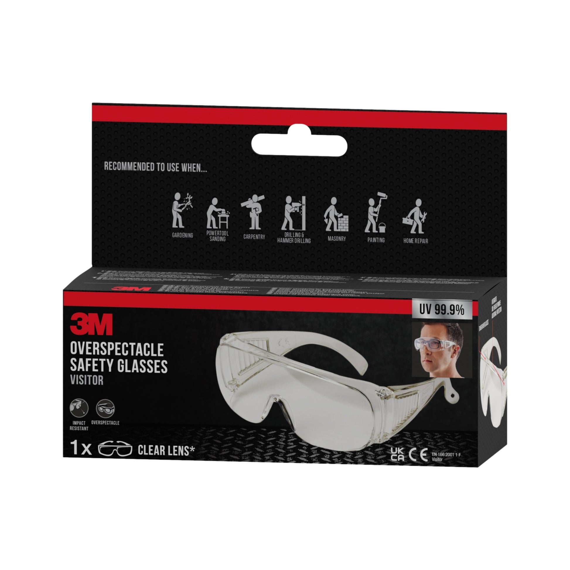 Eine Schachtel 3M™ Visitor Überbrille, Klarsichtscheibe von 3M Deutschland GmbH enthält Symbole für Gartenarbeit, Schleifen, Chemikalien und Malerei. Auf der Verpackung ist ein UV-Schutz von 99,9 % angegeben.