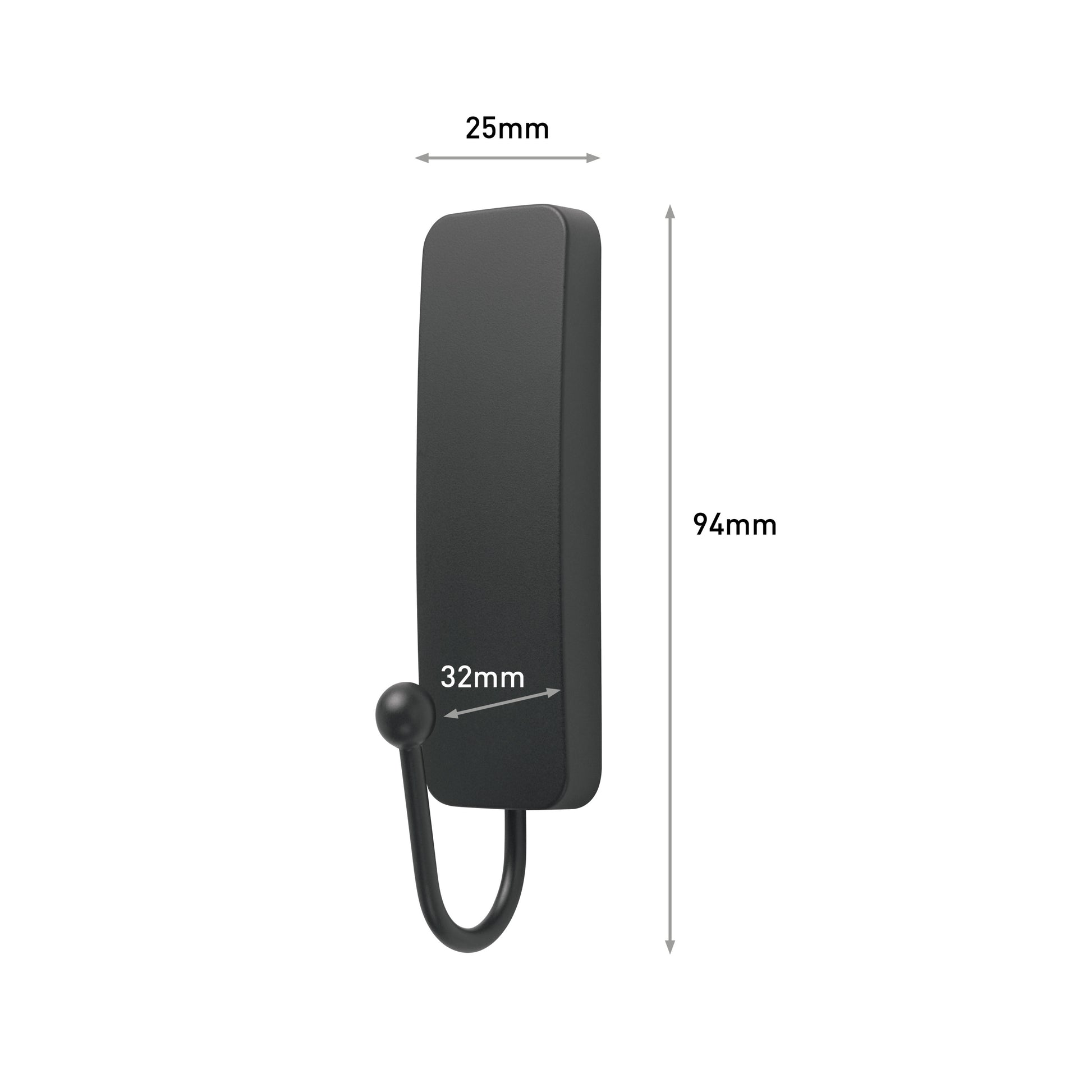 Der mittelgroße Command™ mattschwarze Haken (17034B) von 3M Deutschland GmbH verfügt über eine rechteckige Rückplatte (94×25mm), mit einem Haken, der 32mm hervorsteht - ideal als Wandhaken ohne Bohren für einfache, rückstandsfreie Montage.