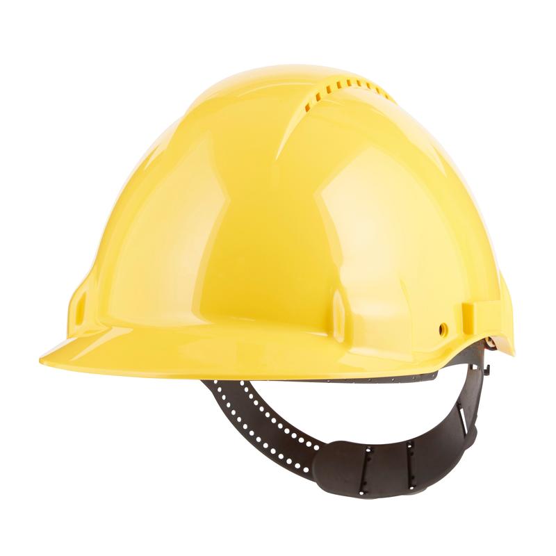 The 3M™ Safety Helmet G3000C Uvicator from 3M Deutschland GmbH is a yellow construction helmet with a black, adjustable chin strap and Uvicator technology, depicted on a plain white background.