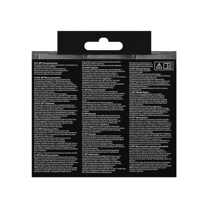 Die Rückseite der 3M™ Cool Flow™ Partikelmaske 8812, FFP1, mit Ventil (3er-Pack) von 3M Deutschland GmbH zeigt mehrsprachige Anleitungen und Warnhinweise in Weiß auf Schwarz, mit zwei Symbolen oben rechts.