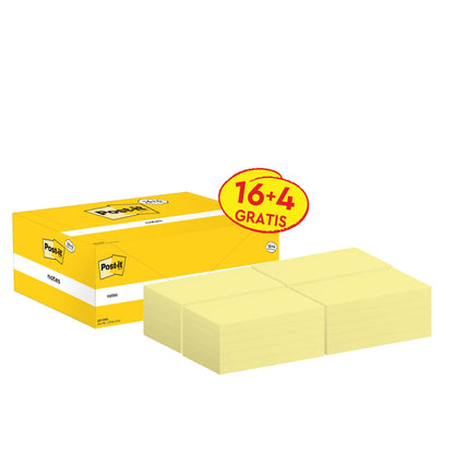Eine gelbe Schachtel Post-it® Notes (76mm x 127mm, 100 Blatt/Block) von 3M, enthält 16 Blöcke plus 4 gratis. Das Etikett "16+4 GRATIS" macht diesen PEFC-zertifizierten Bürobedarf zu einer wertvollen Ergänzung für jeden Arbeitsbereich.