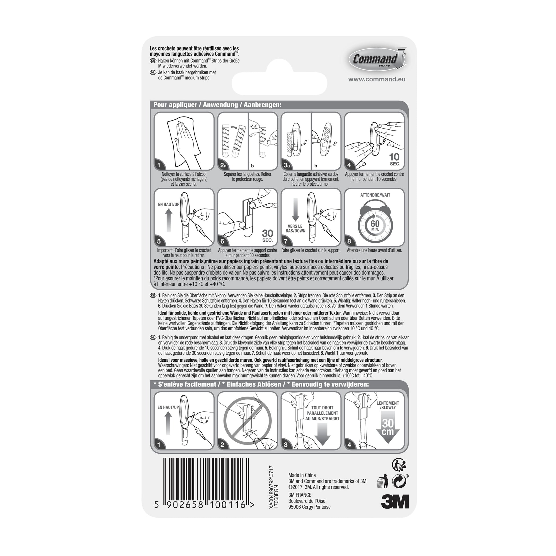 Rückseite einer Command™ Medium Drahthaken, 17068 (1 Stück) Packung von 3M Deutschland GmbH mit bebilderter mehrsprachiger Schritt-für-Schritt-Montageanleitung, Warnhinweisen, Barcode, Herstellerinformationen und dem 3M Logo am unteren Rand.