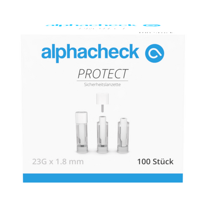 Eine weiße Schachtel mit blauen und grauen Akzenten trägt die Aufschrift „alphacheck PROTECT“ der Berger Med GmbH und zeigt Alphacheck PROTECT Sicherheitslanzetten zur schmerzarmen Blutentnahme mit der Aufschrift „23G x 1,8 mm“ und „100 Stück“ auf der Vorderseite.