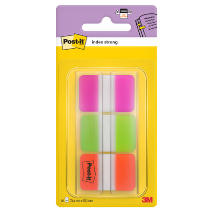 A pack of Post-it® Index Strong Filing Tabs from 3M Deutschland GmbH, standard size (25.4 x 38.1 mm), assorted colors, 66 tabs per dispenser, shrink-wrapped in plastic on yellow and purple backing paper.