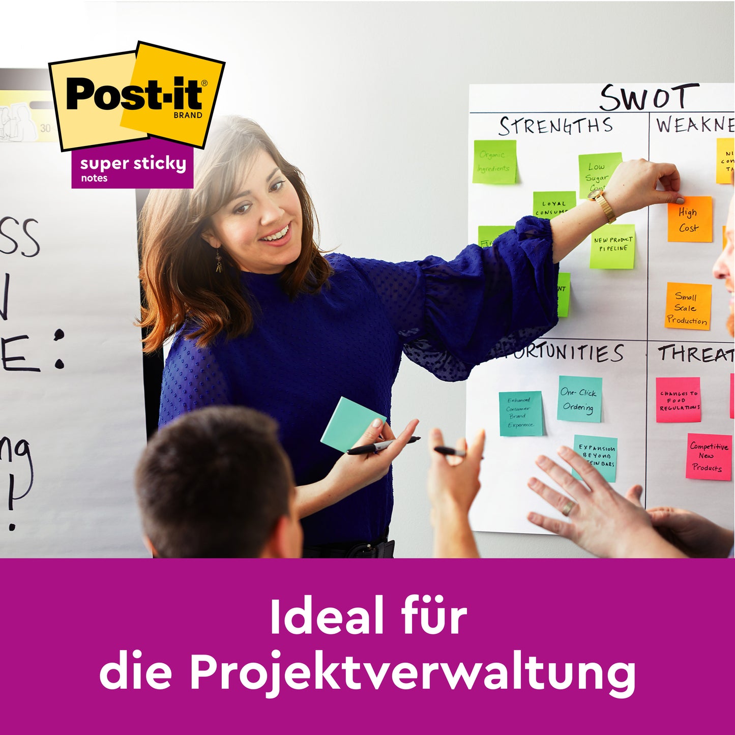 A woman in a blue blouse conducts a team meeting with yellow Post-it® Super Sticky Notes Cube (76 mm x 76 mm) from 3M Deutschland GmbH on charts, including a visible SWOT analysis, with "Ideal for project management" at the bottom.