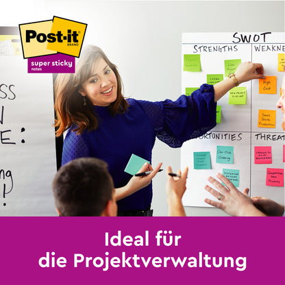 A woman in a blue blouse conducts a team meeting with yellow Post-it® Super Sticky Notes Cube (76 mm x 76 mm) from 3M Deutschland GmbH on charts, including a visible SWOT analysis, with "Ideal for project management" at the bottom.