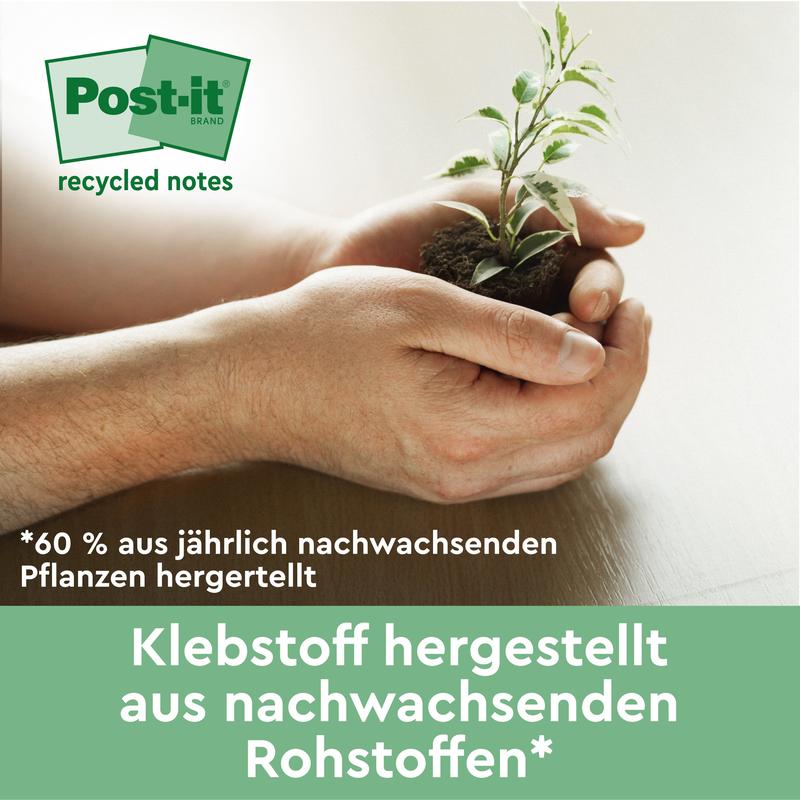 A person holds a small plant with soil, next to a German text advertising Post-it® Recycling Notes (38 mm x 51 mm, 100 sheets/block, 100% PEFC) from 3M Deutschland GmbH, highlighting the adhesive made from annually renewable resources.