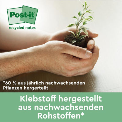 A pair of hands holds a small green plant with soil. The German text advertises Post-it® Recycling Notes (38 x 51 mm, 100 sheets, 100% PEFC) from 3M Germany GmbH and highlights their adhesive made from 60% renewable plant-based materials.
