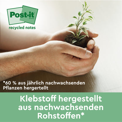Ein Paar Hände hält eine kleine Pflanze mit Erde. Der Text lautet: "60% aus jährlich nachwachsenden Pflanzen hergestellt" und "Klebstoff aus nachwachsenden Rohstoffen". Das Post-it® Recycling Notes 76x76mm, 100 Blatt, 100% PEFC Logo erscheint oben links. Marke: 3M Deutschland GmbH.