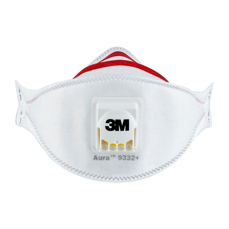 Front view of the 3M™ Aura™ Comfort Cool Flow™ Particulate Respirator 9332+, FFP3, from 3M Deutschland GmbH, with central valve, visible seams, red bands, and printed brand and model information.