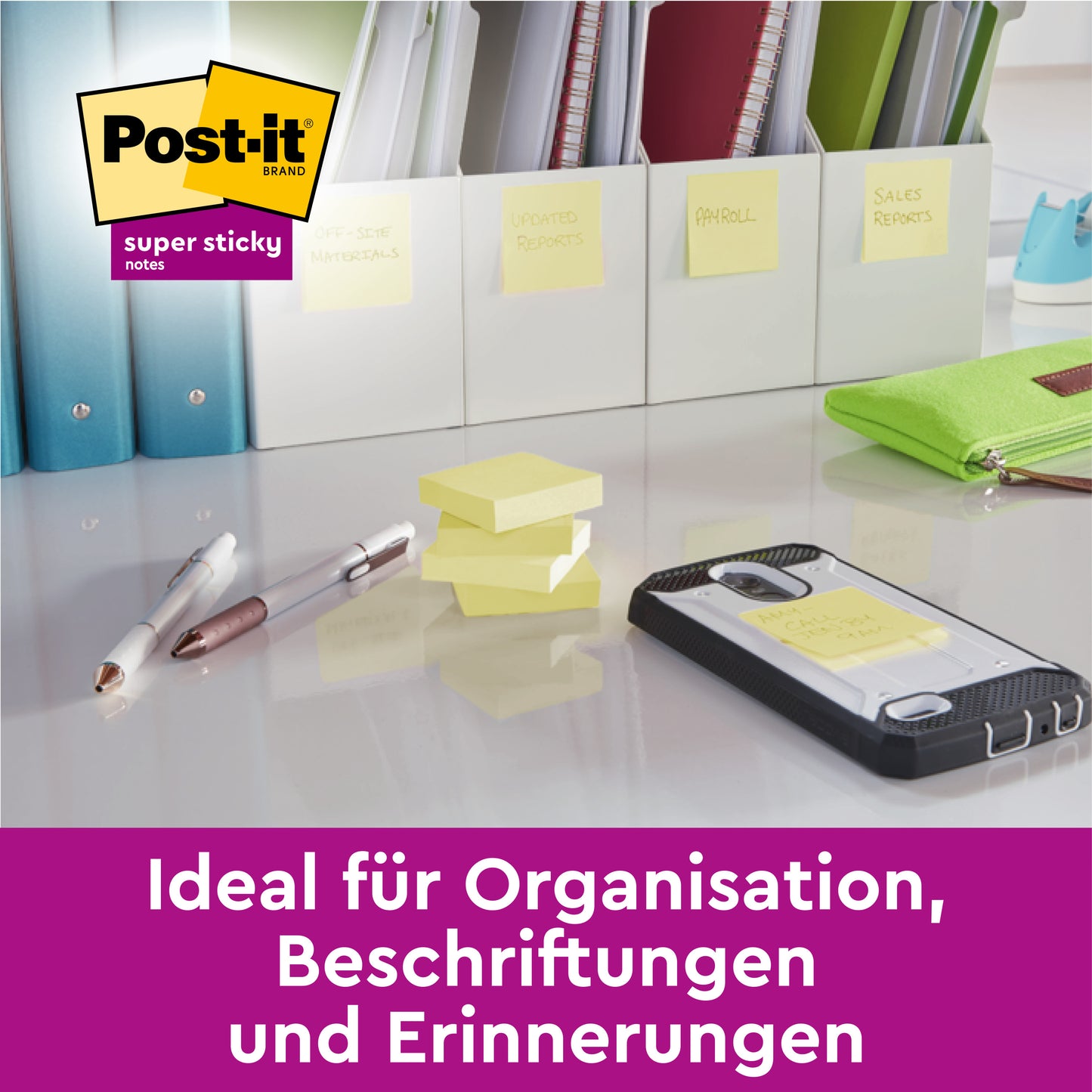 A desk with pens, smartphone, and folders labeled "Sales Reports" using Post-it® Super Sticky Notes Cube, Yellow, 76 mm x 76 mm from 3M Deutschland GmbH. Ideal for organization, labeling, and reminders.