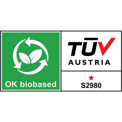 The "OK biobased" label shows green leaves, circular arrows, and a TÜV AUSTRIA section with a red star and code S2980 - ideal for environmentally friendly products like the 3M Deutschland GmbH Scotch™ desktop dispenser in cat design C39 + Magic™ Tape.