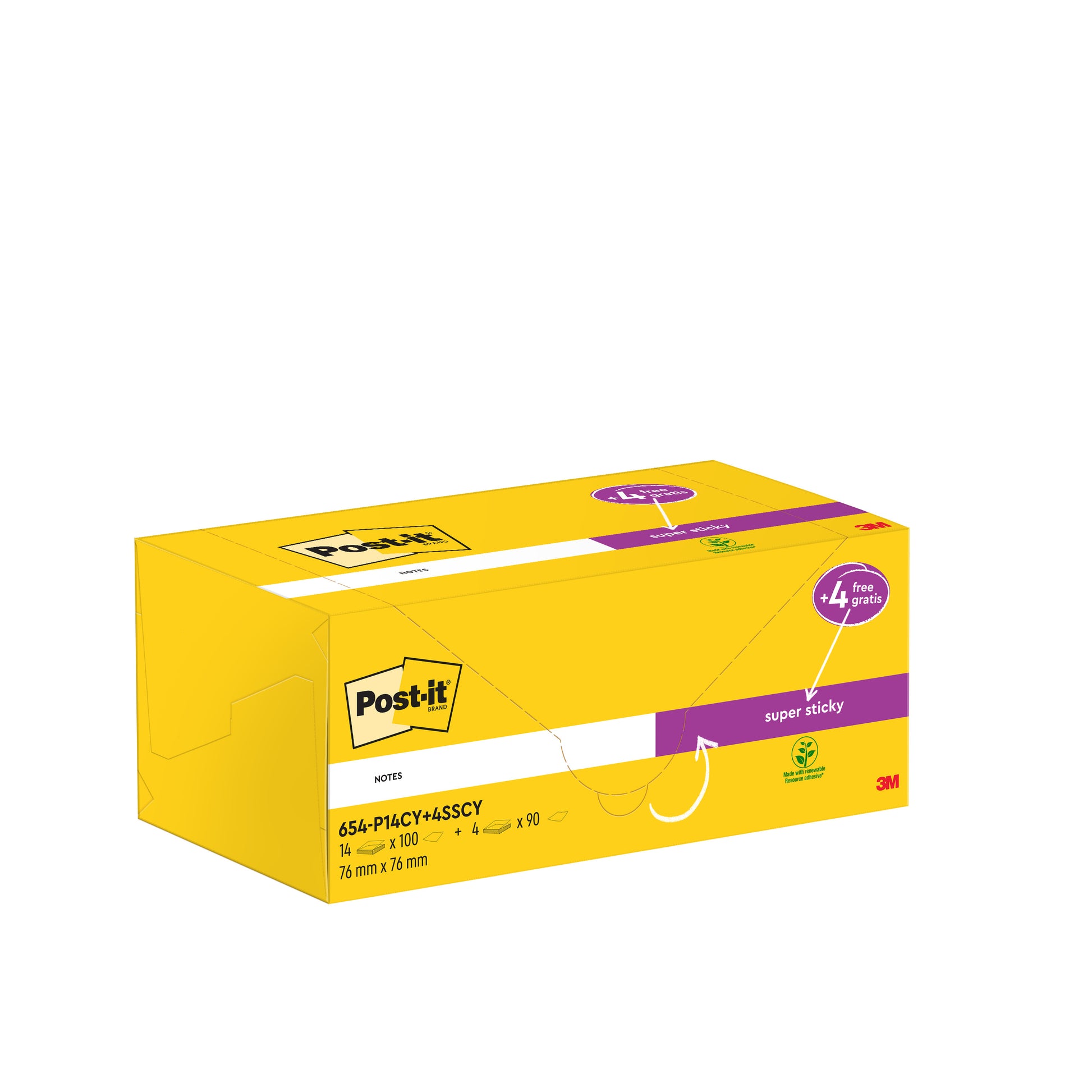 Eine gelbe Schachtel Post-it® Notes (76x76 mm) von 3M Deutschland enthält 14 Blöcke mit 100 Blatt und 4 kostenlose Super Sticky Blöcke mit je 90 Blatt. Die Verpackung zeigt das Post-it®- und das 3M-Logo und ist PEFC-zertifiziert.