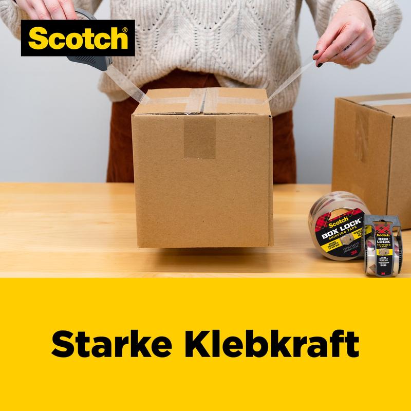 A person seals a box with Scotch® Box Lock™ packaging tape (48 mm x 20.3 m) from 3M Deutschland GmbH using a dispenser. Nearby are another carton and more rolls. The text reads "Strong Adhesion" next to the Scotch logo.