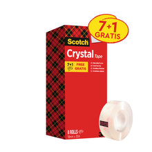 Abgebildet ist eine Schachtel der 3M Deutschland GmbH Scotch® Crystal Klebeband, transparent, Vorteilspack mit 8 Rollen (19 mm x 33 m), im roten Schottenmuster und mit "7+1 Gratis". Eine transparente Rolle ist auf der Vorderseite der Packung abgebildet.