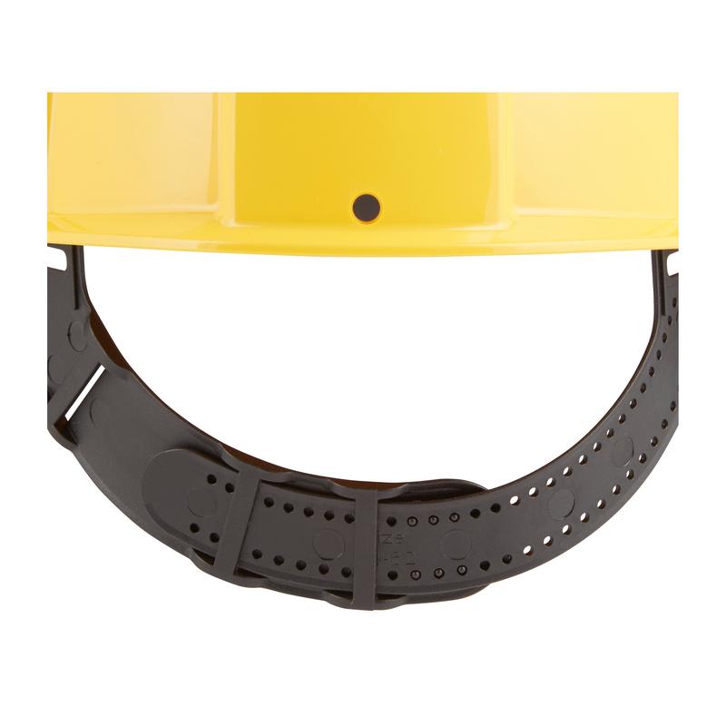 A close-up of the 3M™ G3000C Uvicator safety helmet from 3M Deutschland GmbH shows the black, adjustable strap with multiple holes for size adjustment, highlighting key occupational safety features.