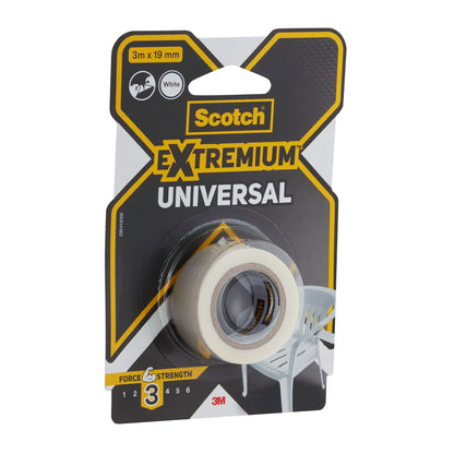 Eine Packung Scotch® Extremium™ Universal Klebeband von 3M Deutschland GmbH, 3 m x 19 mm, mit sichtbarem weißen Klebeband. Die schwarz-gelb-graue Verpackung zeigt einen weißen Kunststoffstuhl.