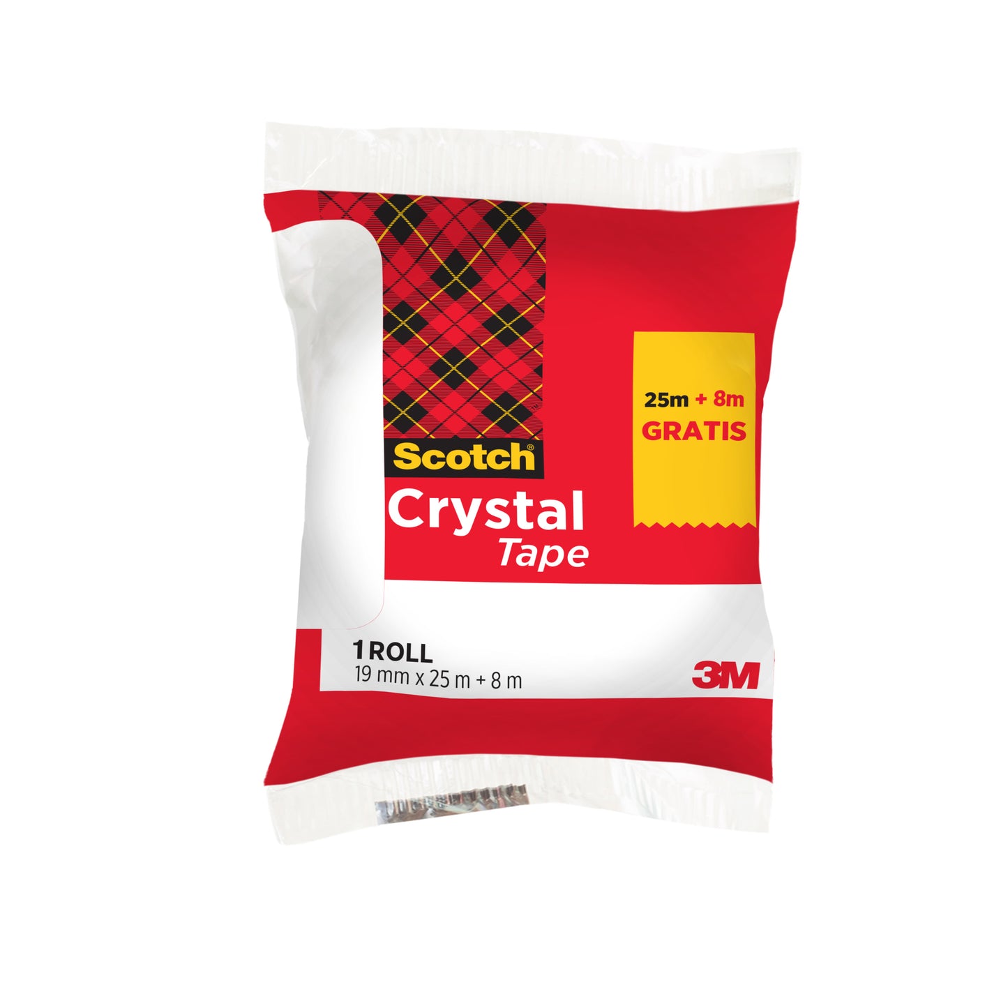 Scotch® Crystal Klebeband von 3M Deutschland GmbH, 19 mm x 25 m, 1 Rolle mit extra 8 m GRATIS - transparentes Klebeband im rot-weißen Design.