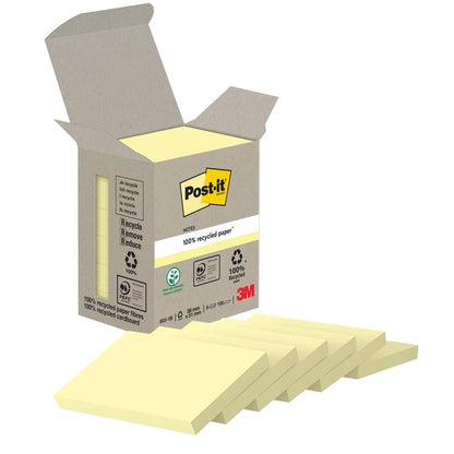 An open box of Post-it® Recycling Notes (38 mm x 51 mm, 100 sheets/block, 100% PEFC) from 3M Deutschland GmbH shows five yellow blocks, partially pulled out. The box features the 3M logo and recycling symbols.