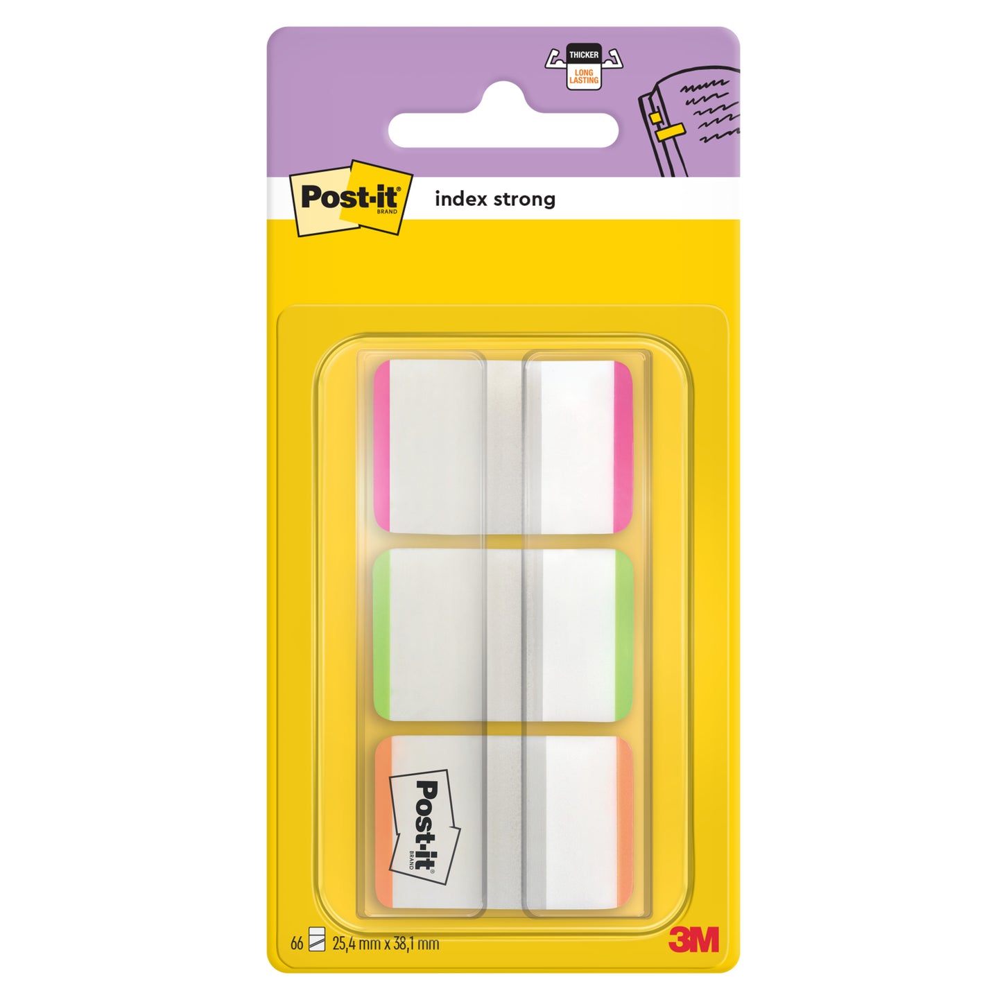 Pictured is a pack of 3M Deutschland GmbH Post-it® Index Strong Filing Tabs, standard, various colors (25.4 mm x 38.1 mm, 66 adhesive strips/dispenser), in clear plastic and yellow packaging.