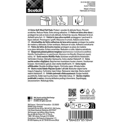 Backside of a Scotch® Extra Soft Felt Pads, self-adhesive, beige packaging from 3M Deutschland GmbH with black text on a white background with multilingual instructions, benefits, application notes, and barcode.