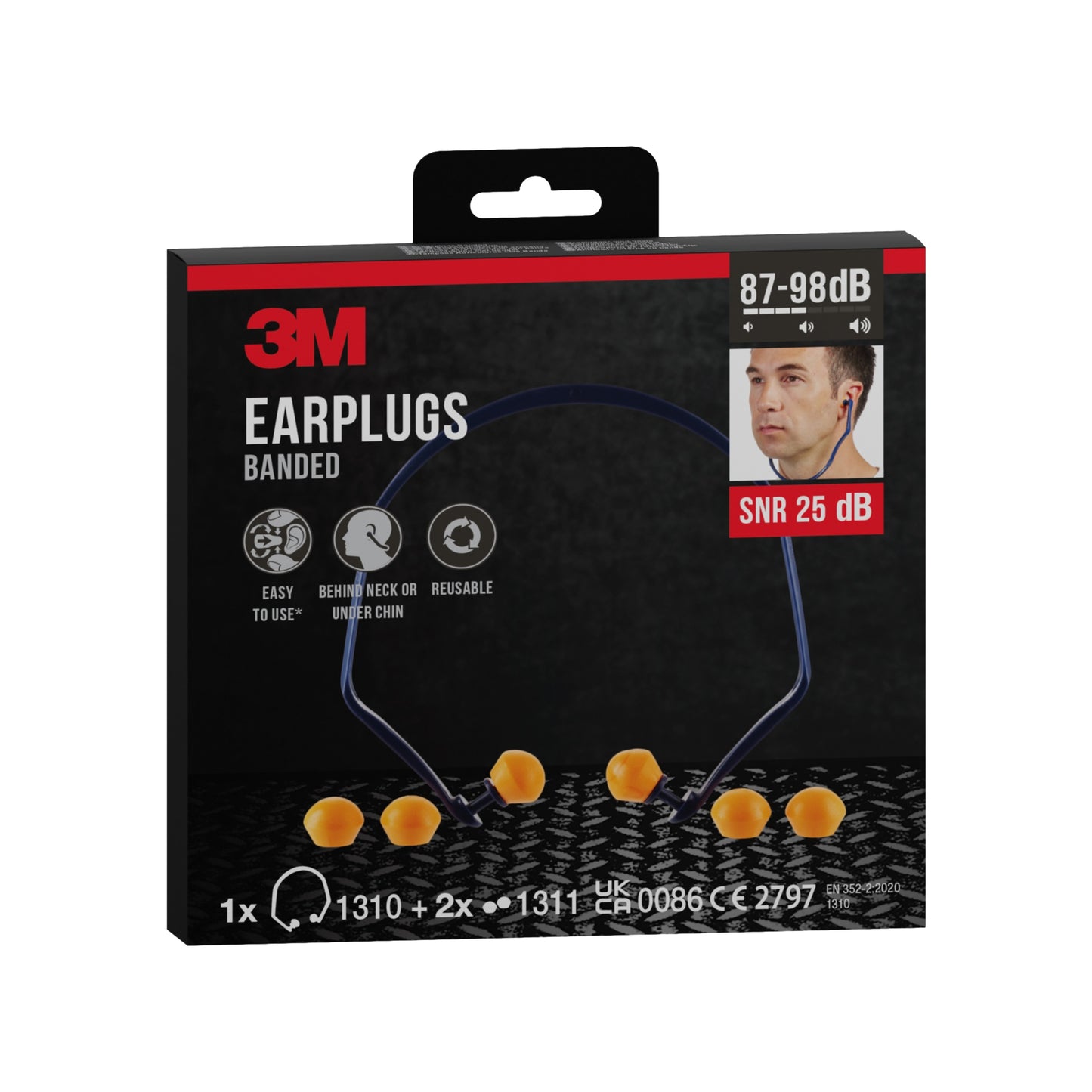 Abgebildet ist eine Schachtel 3M™ Bügelgehörschutz 1310 + 2 Paar Ersatzstöpsel (SNR 24-25 dB, orange) der 3M Deutschland GmbH mit dem Foto eines Trägers und Angaben zur Lärmminderung (87-98 dB) auf der Verpackung.