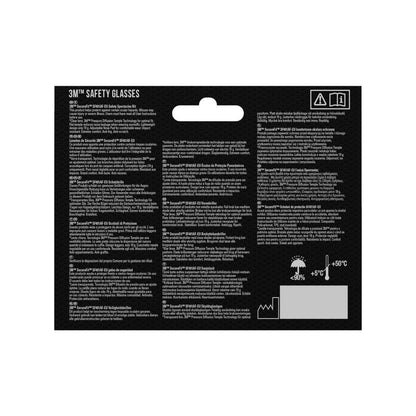 Back of a 3M™ SecureFit™ Safety Glasses 400 packaging from 3M Deutschland GmbH with product details, instructions, and safety symbols in multiple languages on black. The symbols for temperature range and humidity are located at the bottom right.