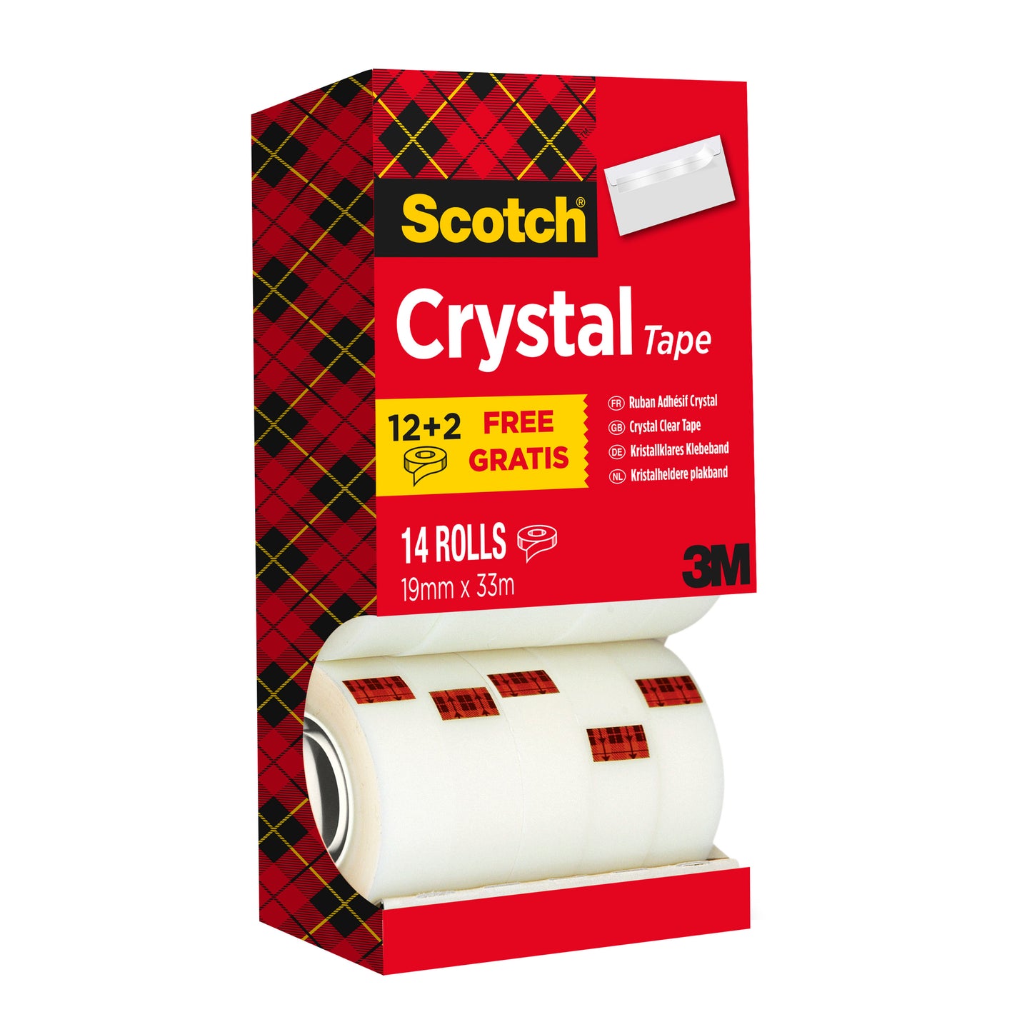 Eine Schachtel Scotch® Crystal Klebeband Vorteilspack (14 Rollen, 19mm x 33m) von 3M Deutschland GmbH. Die Verpackung trägt die Aufschrift "12+2 Free" und zeigt ein rot-kariertes Design, wobei einige Rollen teilweise sichtbar sind.