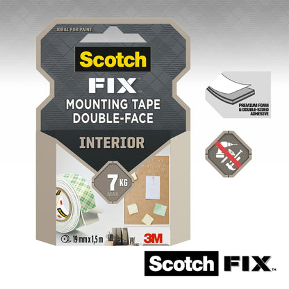 Verpackung von Scotch-FIX™ Doppelseitiges Innenmontageband von 3M Deutschland GmbH für den Innenbereich, Größe 19 mm x 1,5 m, trägt bis zu 7 kg. Zeigt Bandabbildungen, Anwendungsbeispiele, Eigenschaften und zeigt Scotch- und 3M-Logos.