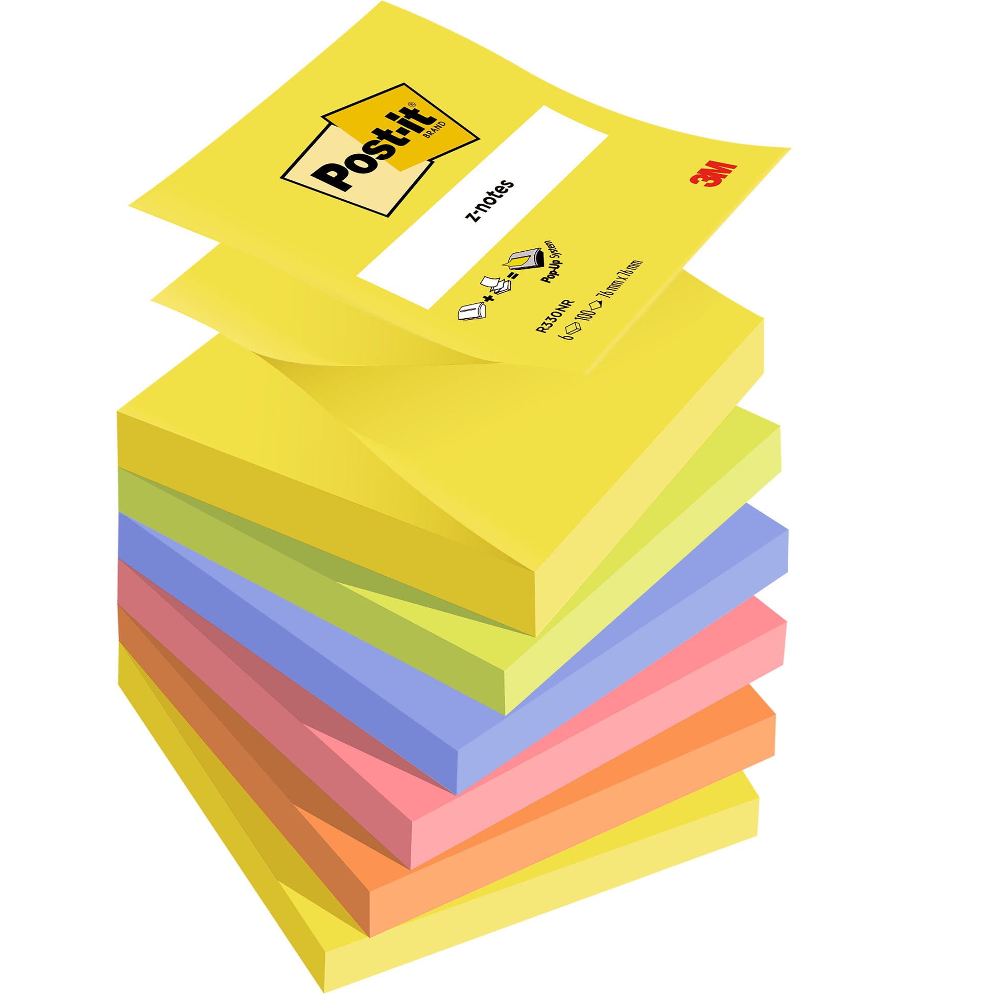 Eine Packung 3M Post-it® Z-Notizen in verschiedenen Neonfarben (76x76 mm, 100 Blatt/Block, 6 Blöcke/Packung), PEFC-zertifiziert, mit einem Etikett auf dem oberen Block mit Produktinformationen.