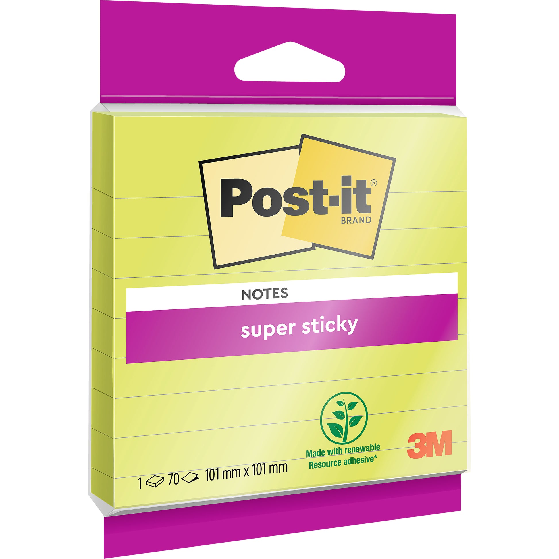 Eine Packung Post-it® Super Sticky Notes im Großformat von 3M Deutschland GmbH, grün und liniert, 101 mm x 101 mm, enthält 70 PEFC-zertifizierte Blätter mit Klebstoff aus nachwachsenden Rohstoffen. Ein Block pro Packung.