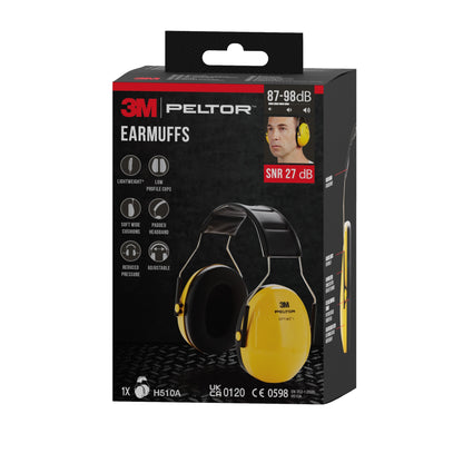 Box with 3M™ PELTOR™ Optime™ I Ear Muffs H510A, SNR 27 dB, yellow (1 piece), from 3M Deutschland GmbH with an image of the ear muffs and a wearing photo on the packaging.