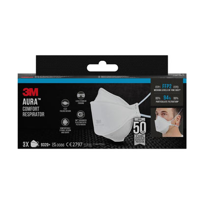 Pictured is a package of the 3M™ Aura™ Comfort Particulate Respirator 9320+, FFP2, without valve from 3M Deutschland GmbH. The packaging includes product details, a mask image, symbols for comfort and filtration, and a photo of a person wearing the mask. Package of 3 masks.