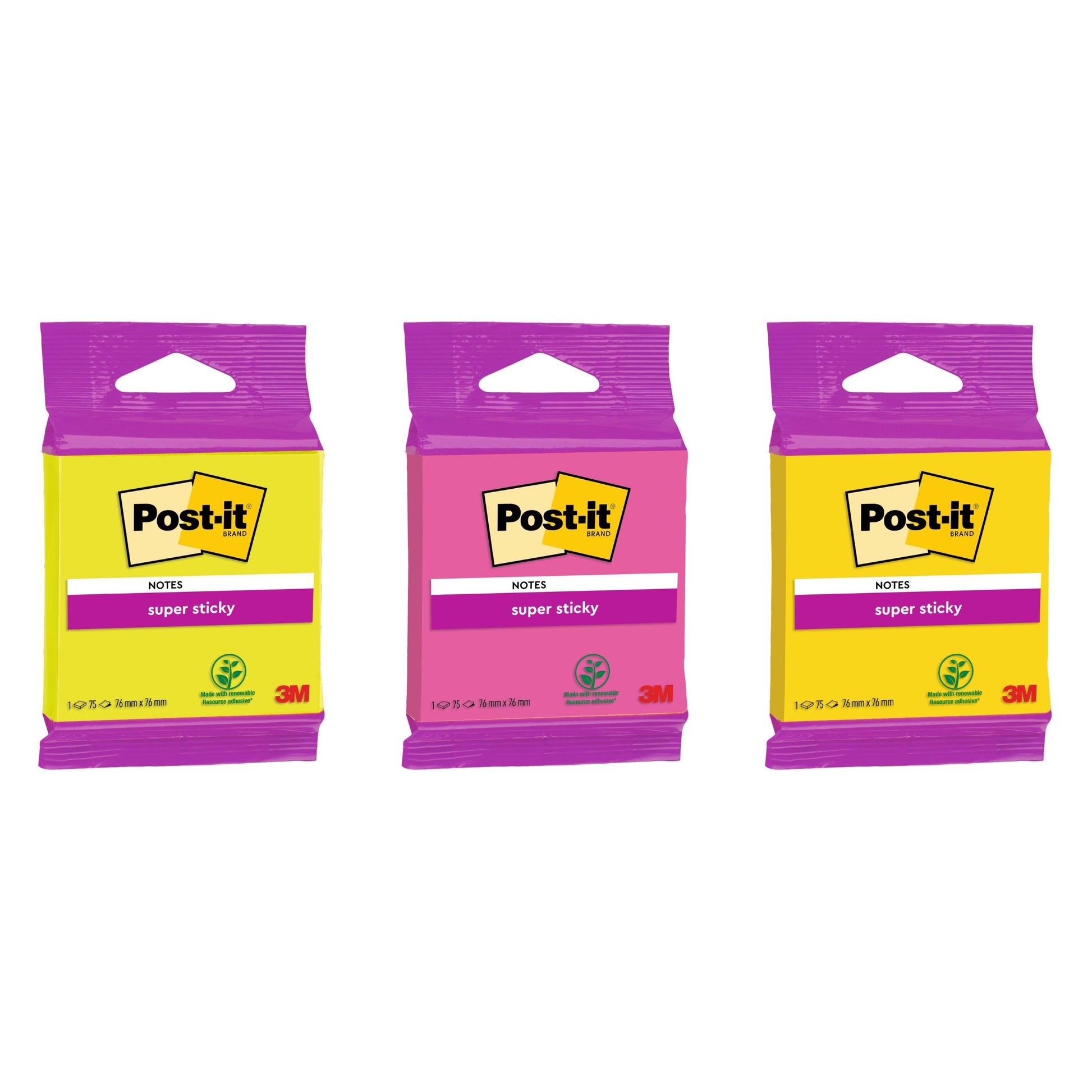 Abgebildet sind drei Packungen 3M Post-it® Super Sticky Notes 6820S3. Jede Packung enthält einen Block (76 x 76 mm, 75 Blatt), erhältlich in neongrün, neonpink, ultragelb, ultragrün und ultrapink. Hergestellt von 3M Deutschland GmbH, PEFC-zertifiziert.