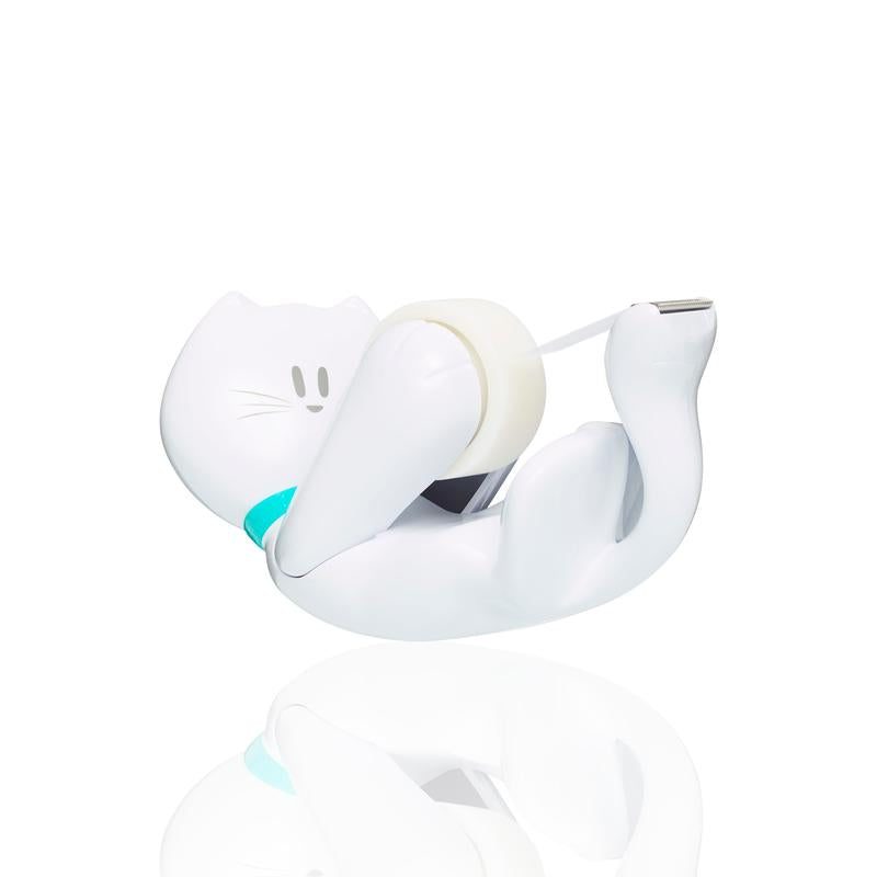 The Scotch™ desktop dispenser in cat design C39 from 3M Deutschland GmbH features a white, reclining cat with black details and a blue collar, including one roll of Scotch® Magic™ Tape (19 mm x 8.89 m).