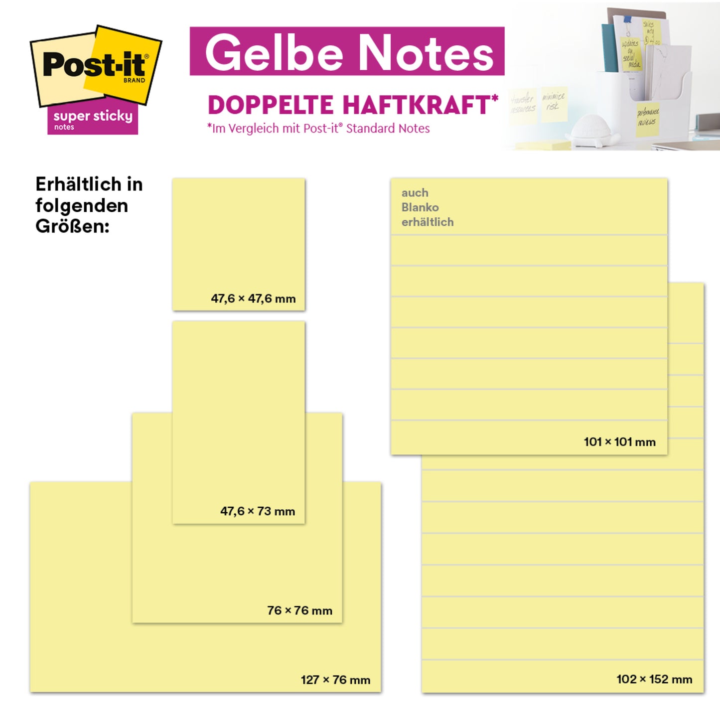 Ein Display mit Post-it® Notes der 3M Deutschland GmbH im Format 76 x 76 mm, 100 Blatt pro Block, hergestellt aus 100% PEFC-zertifiziertem Papier.