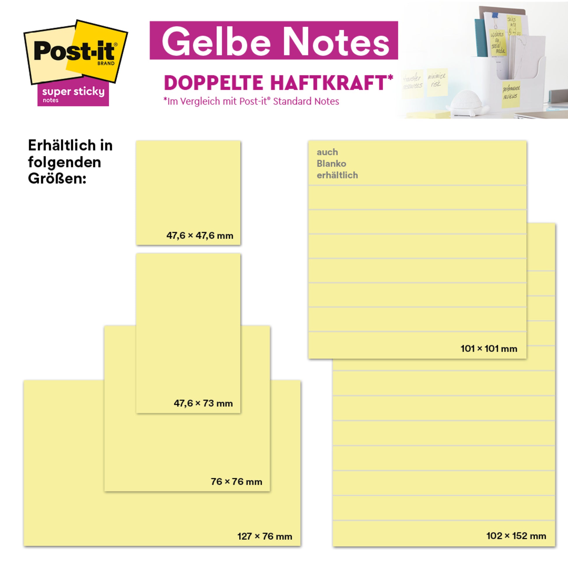 Eine Tabelle zeigt die Post-it® Super Sticky Notes der 3M Deutschland GmbH im Format 76 mm x 76 mm (90 Blatt pro Block). Produktverpackungen und Anwendungsbeispiele sind oben rechts abgebildet.