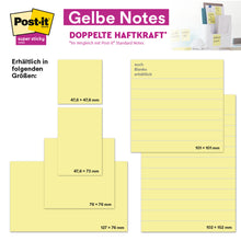 Die Abbildung zeigt Post-it® Notes, Gelb von 3M Deutschland GmbH (38 mm x 51 mm, 100 Blatt/Block, 12 Blöcke/Packung, Kartonverpackung, 100% PEFC), in deutscher Sprache beschriftet und einzeln und im Gebrauch abgebildet.