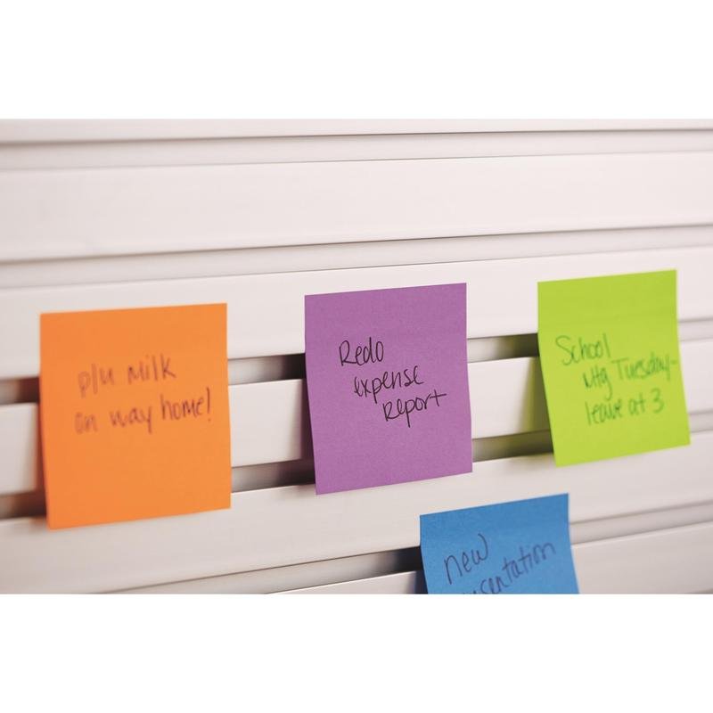 Four neon-colored Post-it® Notes (38x51mm, 3M Deutschland GmbH) are on a white slatted surface. The notes read: "Milk on the way home," "Revise expense report," and "School trip Tuesday - Departure at 3 PM."