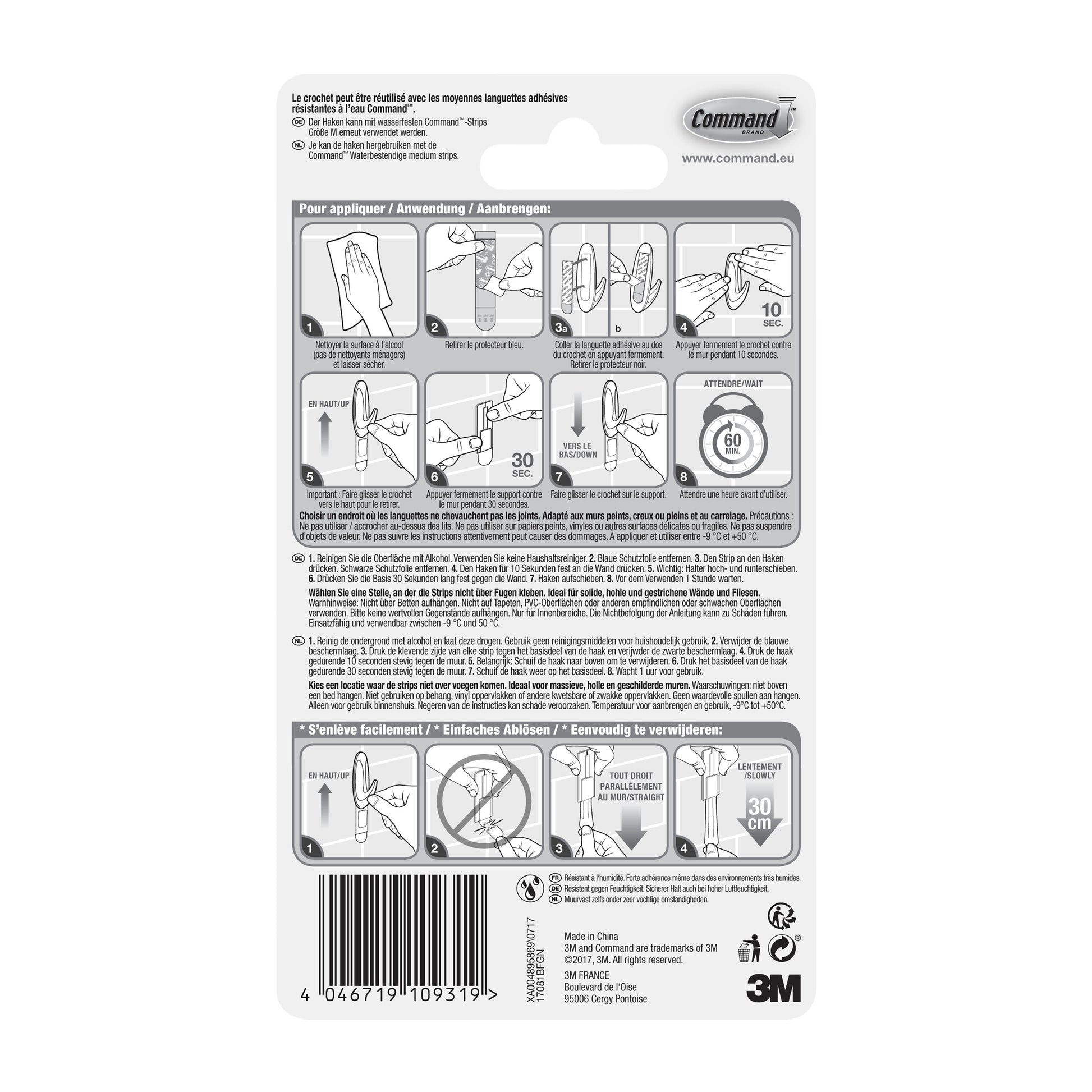 Die Rückseite einer Command™ Bad Medium Designer-Haken, 17081B von 3M Deutschland GmbH-Verpackung zeigt illustrierte Auf- und Abbauschritte, mehrsprachigen Text, Sicherheitswarnungen und einen Barcode am unteren Rand.