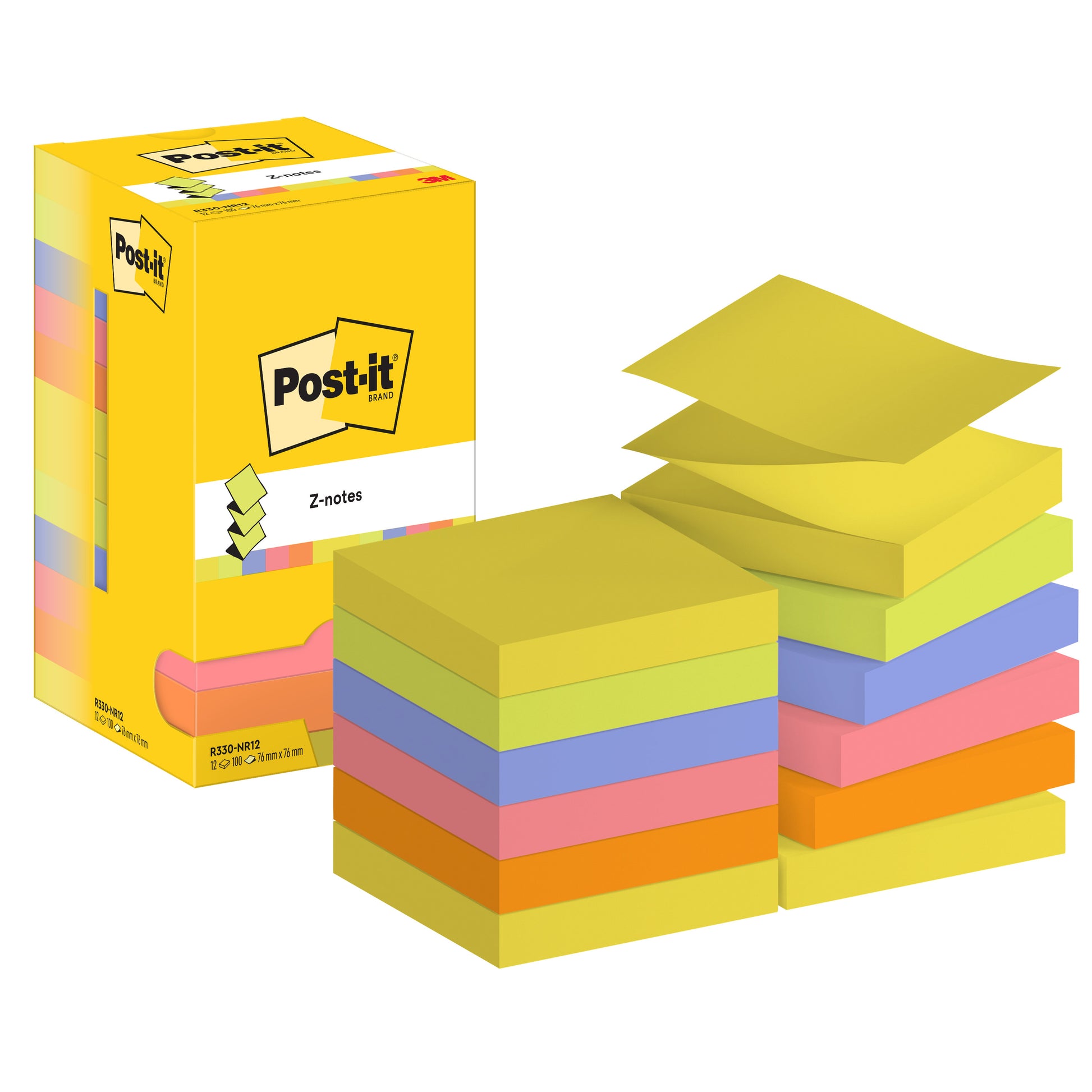 Eine Schachtel Post-it® Super Sticky Z-Notes der 3M Deutschland GmbH (76 mm x 127 mm, 100 Blatt/Block, Kartonverpackung, 100% PEFC) wird neben Stapeln von quadratischen Zetteln in Gelb, Blau, Orange, Pink und Lila gezeigt, wobei ein gelber Zettel angehoben wird.