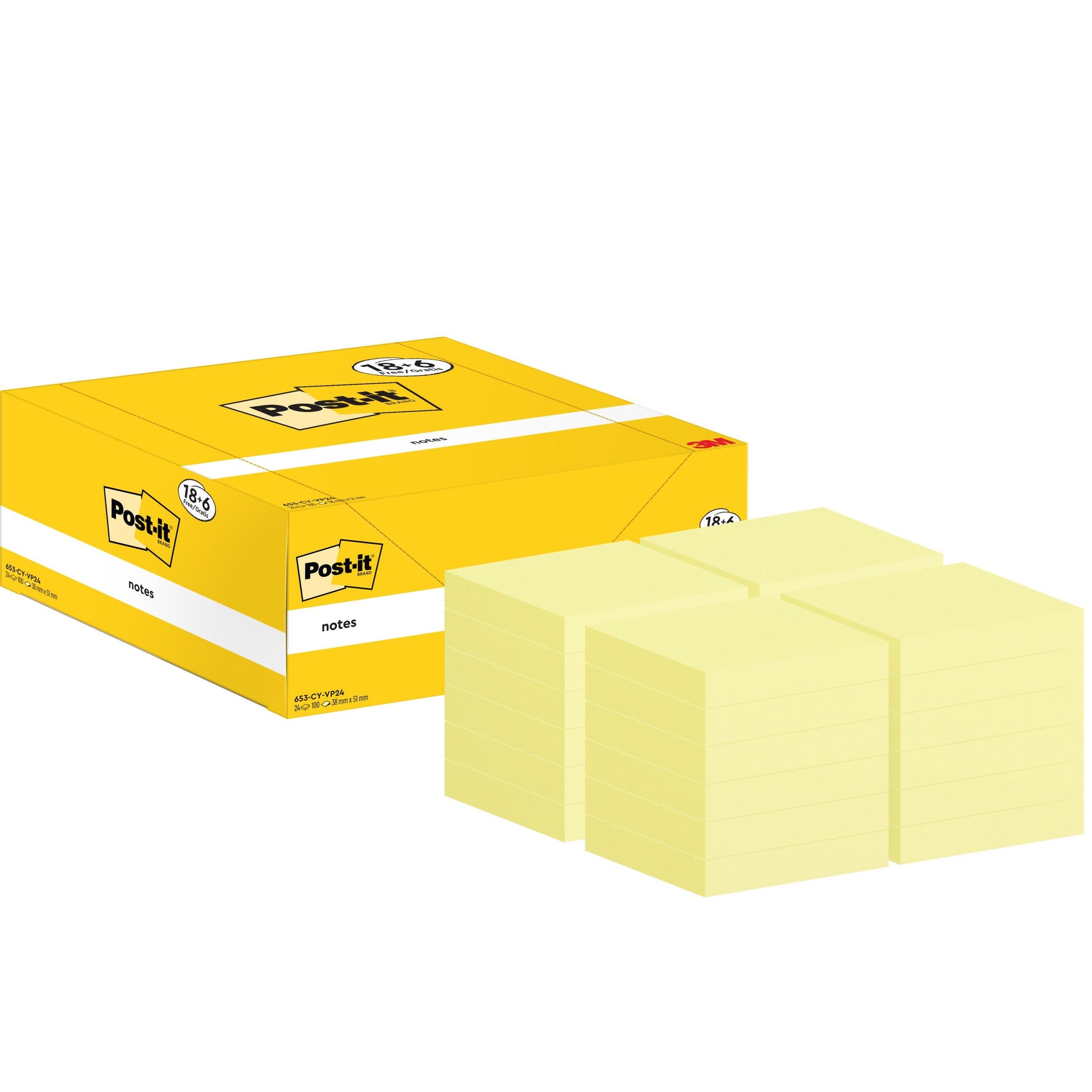Eine Schachtel 3M Post-it® Notes, Gelb (38mm x 51mm, 100 Blatt/Block), wird neben Stapeln von einzelnen Blöcken gezeigt. Die Packung enthält 18 Blöcke plus 6 freie Blöcke in einer PEFC-zertifizierten Schachtel (SGSCH-PEFC-COC-110078). Minimales Branding sichtbar.