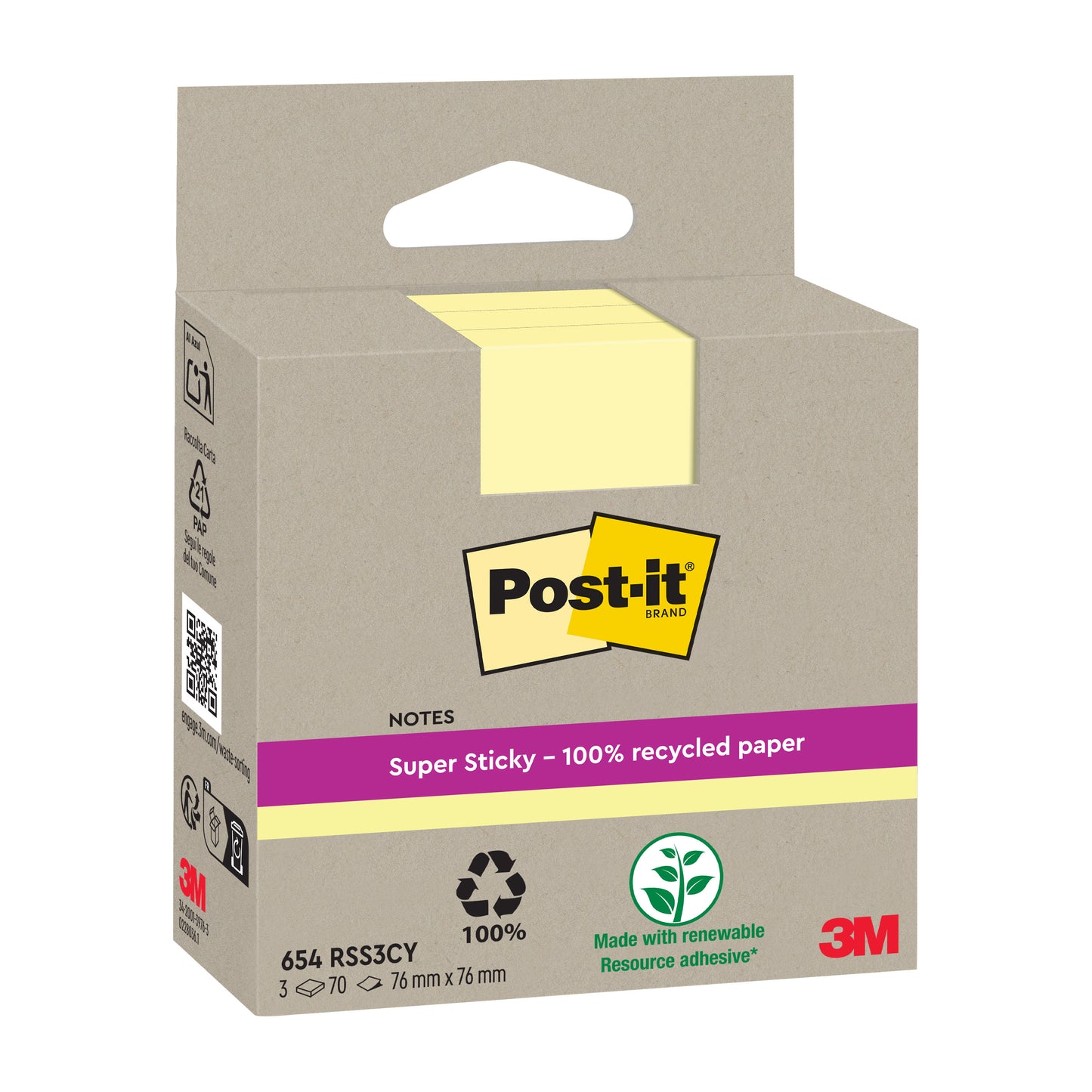 A pack of Post-it® Super Sticky 100% Recycled Notes (76x76mm, 70 sheets/block, 100% PEFC) from 3M Deutschland GmbH. The brown box features a yellow Post-it logo, a recycling symbol, and a green symbol for renewable adhesives.